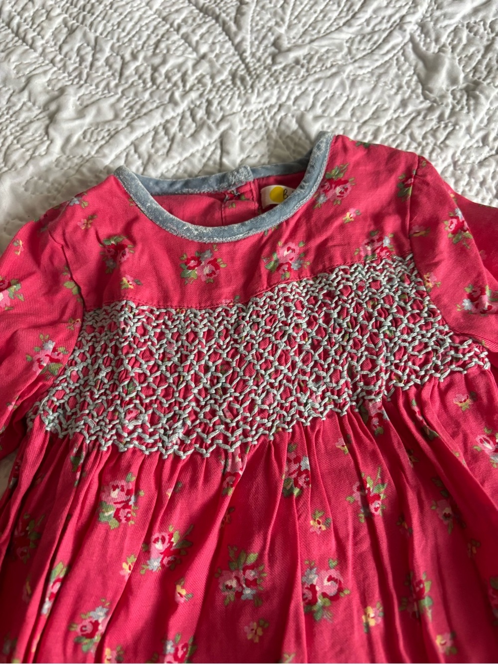 Baby Boden Hot Pink Floral Smocked Long Sleeve Dress with Blue Velvet Trim - Picture 2 of 5